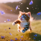 Tabby kitten with blue eyes playing with purple butterflies on sunny hill