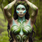 Intricate green and gold body paint on woman with decorative headpiece in mystical setting