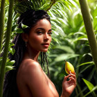 Braided hair woman posing with lemon in lush green foliage