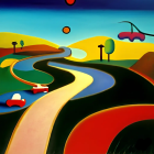 Colorful landscape with road, hills, sky, vehicles, and train under the sun