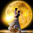 Romantic couple embracing under oversized moon and starry sky