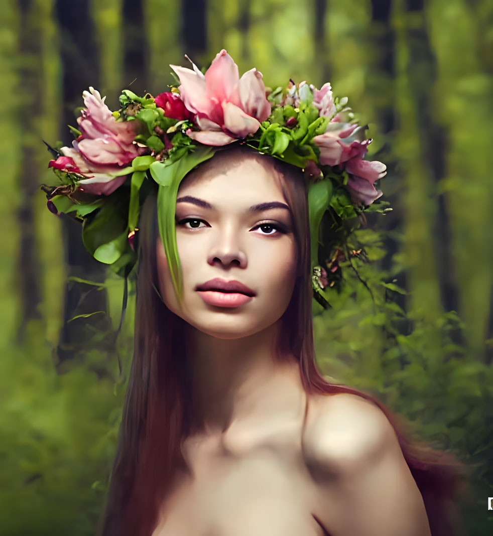 Woman with Floral Crown and Long Hair in Wooded Area