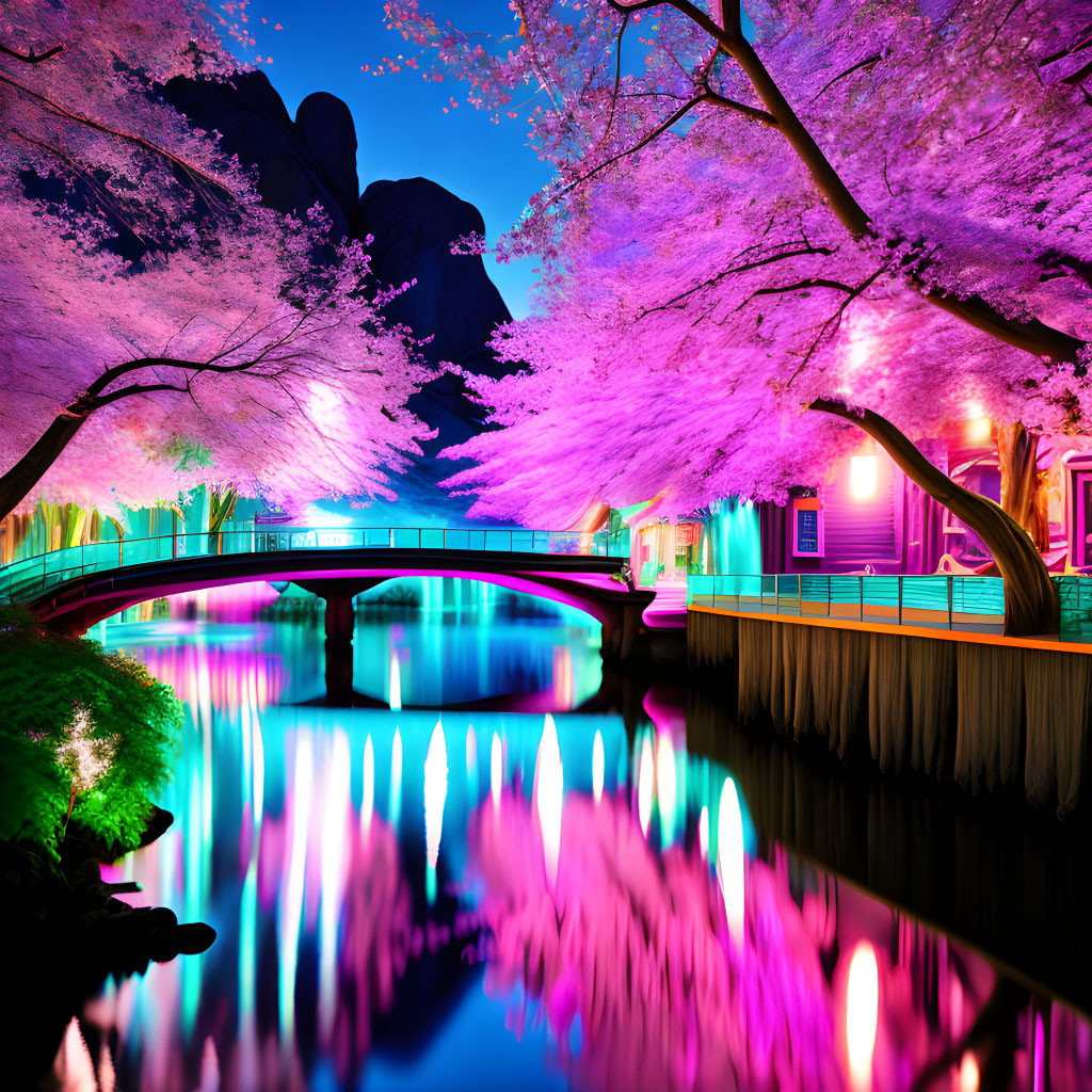 Vivid pink cherry blossoms in night scene with city lights and river