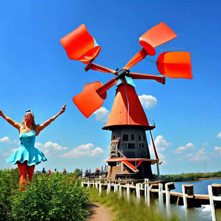 Person in Blue Dress and Red-Bladed Windmill in Blue Sky