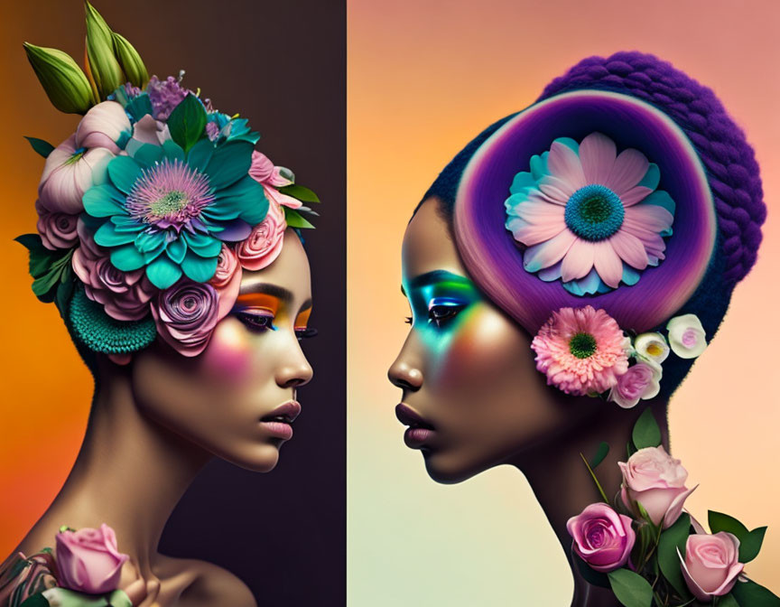 Artistic portrayals of women with vibrant flowers and stylish hair designs.