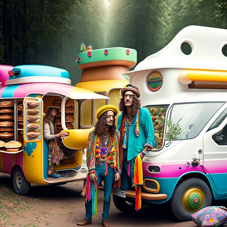 Colorful Hippie-Style Clothing People Selling Sandwiches by Painted Vehicles in Forest