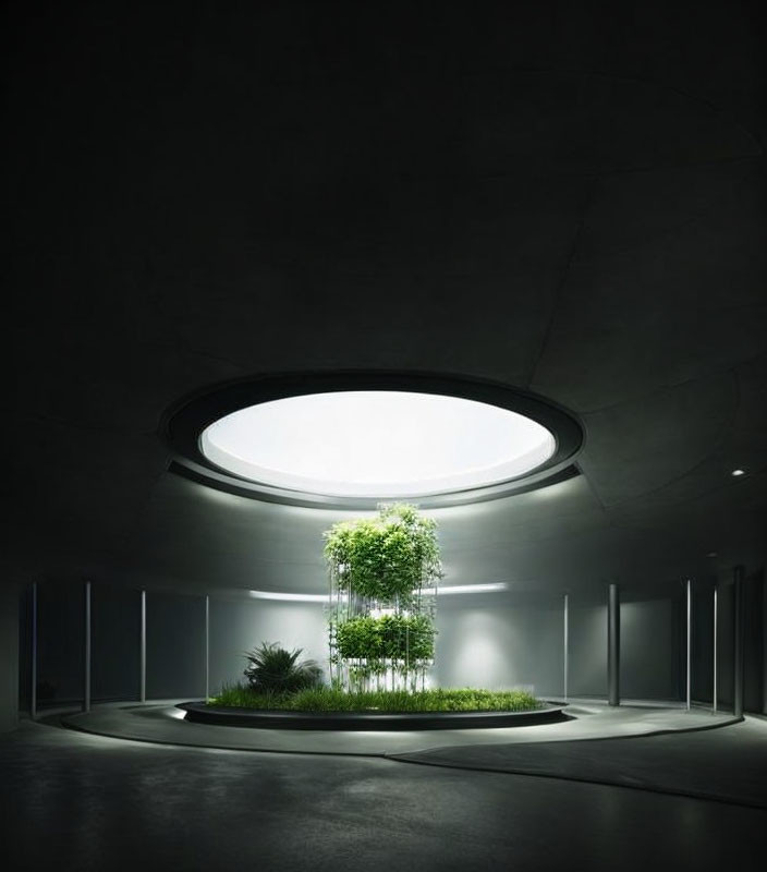 Circular Skylight Brightens Indoor Garden in Minimalist Space