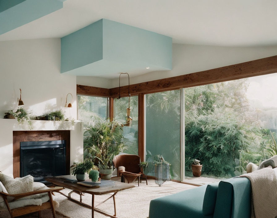 Spacious living room with fireplace and large windows