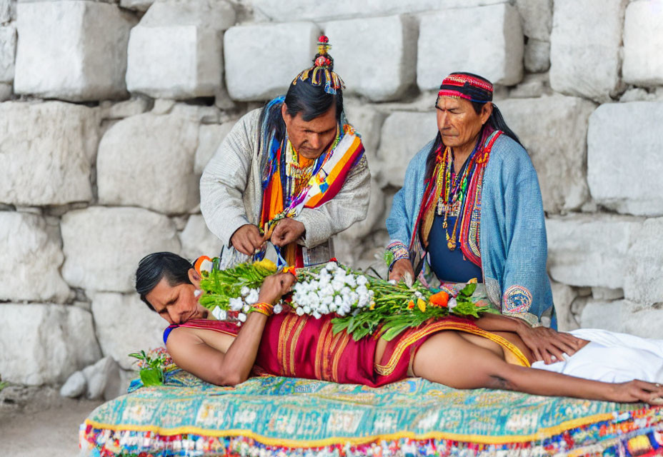 Traditional cultural ceremony with individuals in attire and flowers.