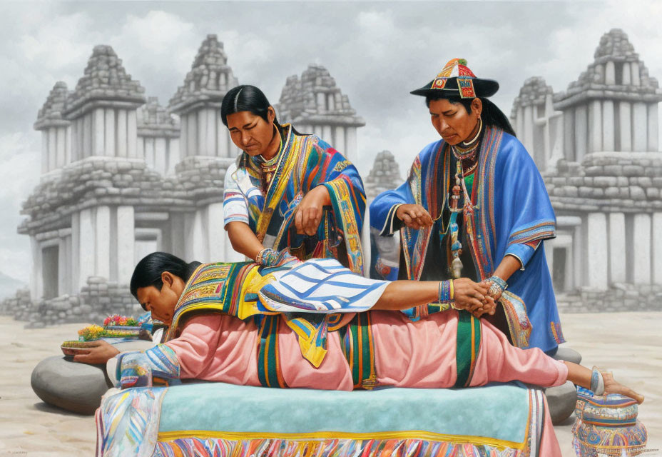 Traditional Andean attire individuals in ritual ceremony with Inca-style architecture