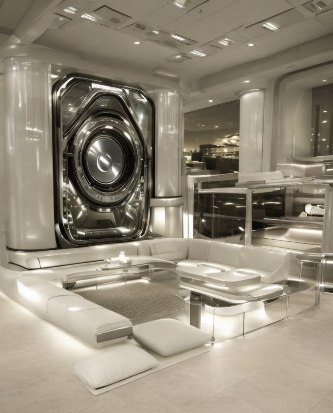 Sophisticated modern interior with metallic finish and camera lens-inspired art installation