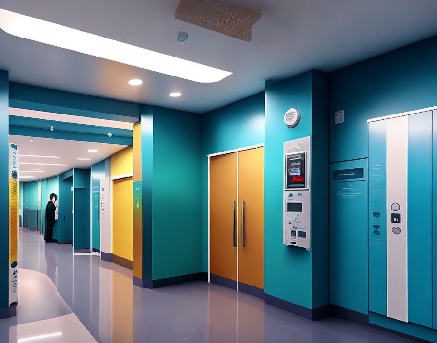 Bright blue and turquoise hospital corridor with closed doors and a person standing afar