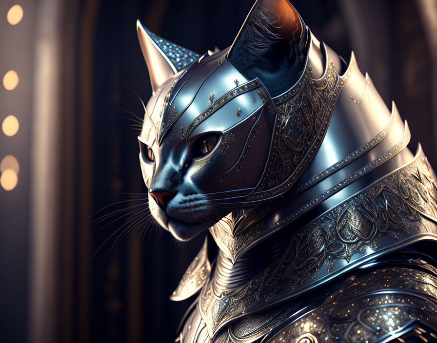 Medieval-style armored cat with golden accents in regal setting