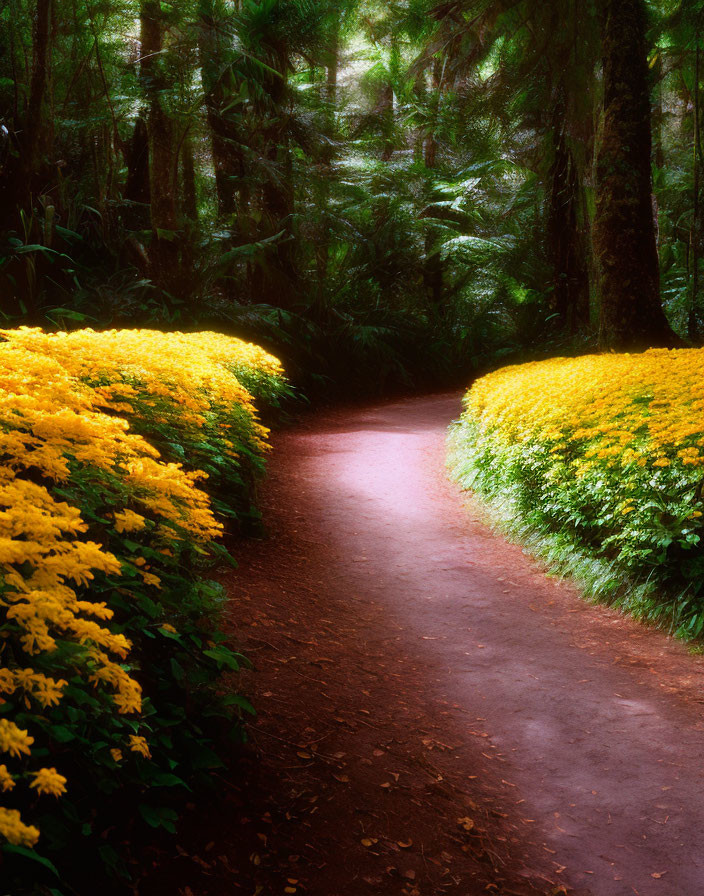 Tranquil forest path with lush yellow flowers and tall green trees