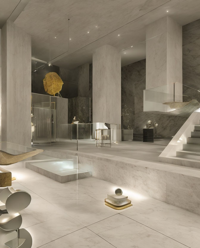 Luxurious interior design with marble floors, floating staircase, modern furnishings, and golden accents.