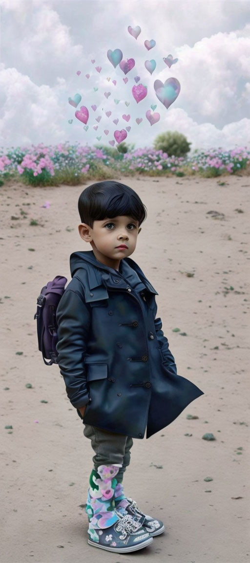 Child with backpack on dirt path surrounded by floating hearts, cloudy sky, and flower field.