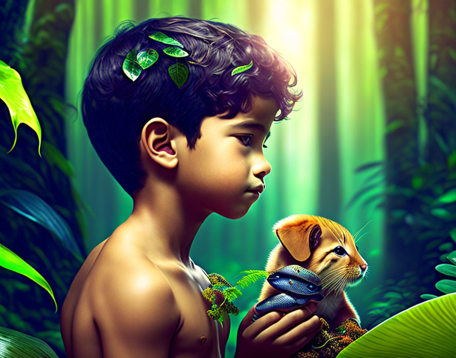 Young boy with leaves in hair holding kitten and blue butterfly in lush forest