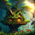 Enchanted forest scene with glowing treehouse, deer, butterflies