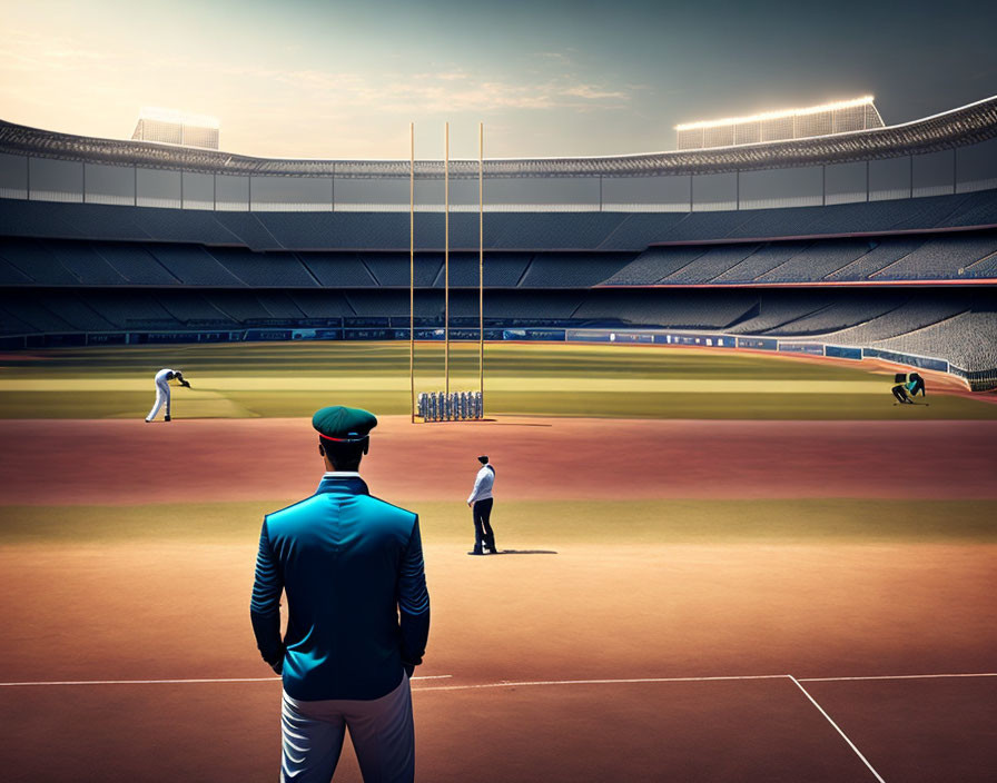 Cricket match with players, umpire, and bowler in a large stadium