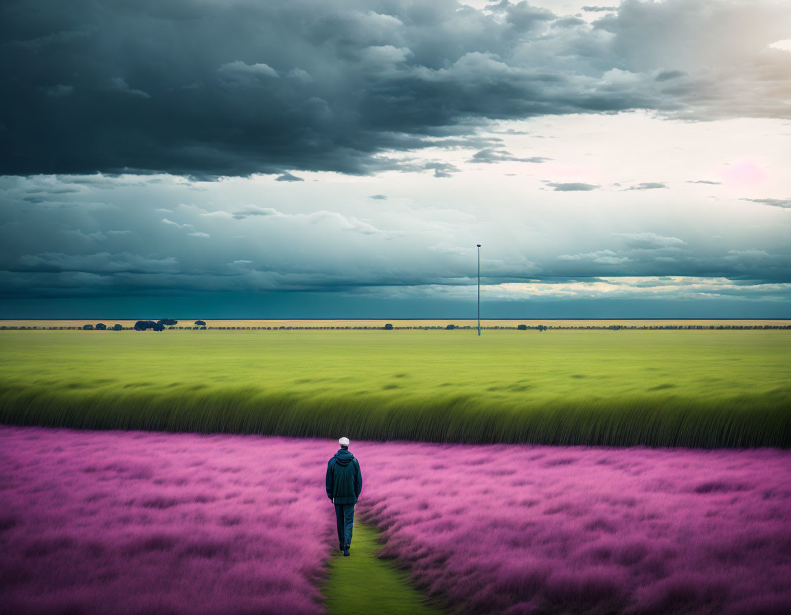 Solitary Figure in Surreal Landscape with Purple Field and Dramatic Sky