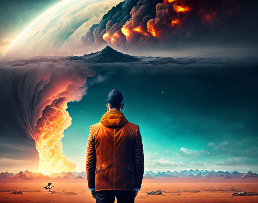 Person in Brown Jacket Observing Surreal Landscape with Fiery Sky Explosion