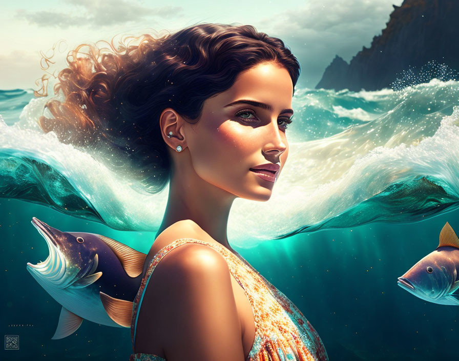 Surreal portrait of woman with ocean and fish in flowing hair against cliff backdrop