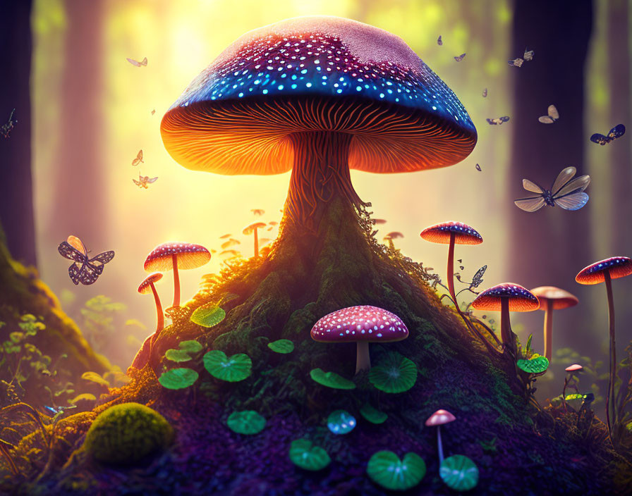 Enchanted forest with oversized glowing mushrooms and butterflies