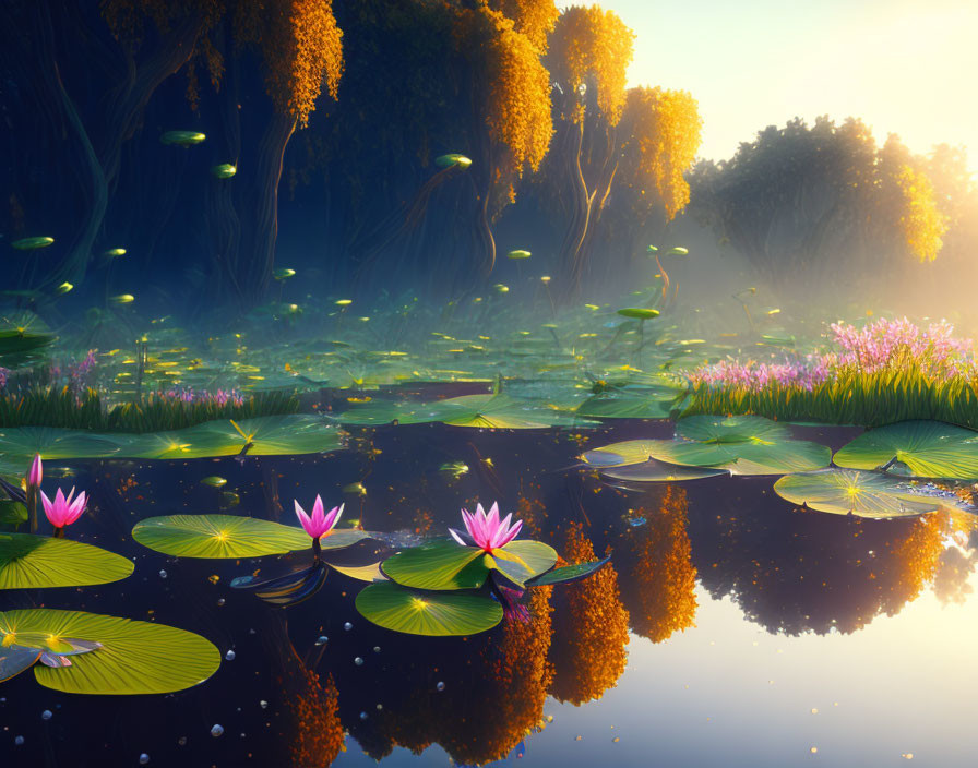 Tranquil Pond with Lotus Flowers and Lily Pads in Misty Forest