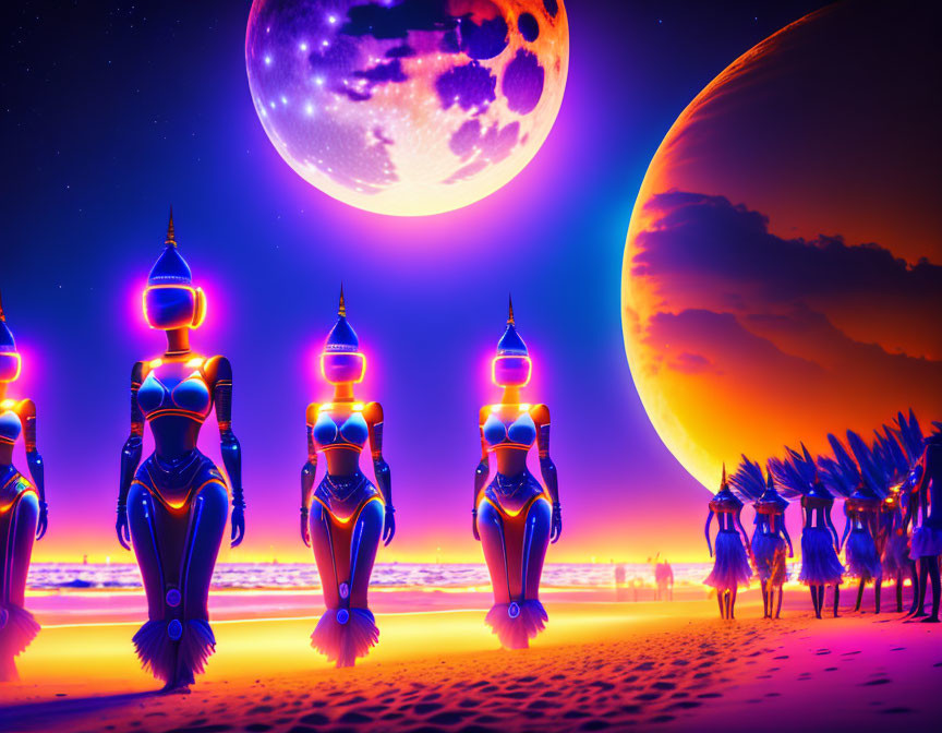 Neon-lit beach scene with robotic figures and oversized moons at dusk or dawn