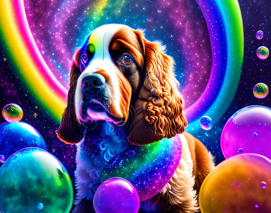 Vibrant digital art: Realistic spaniel in cosmic scene