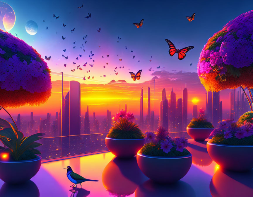 Vivid sunset over futuristic cityscape with lush flora and fauna amid skyscrapers