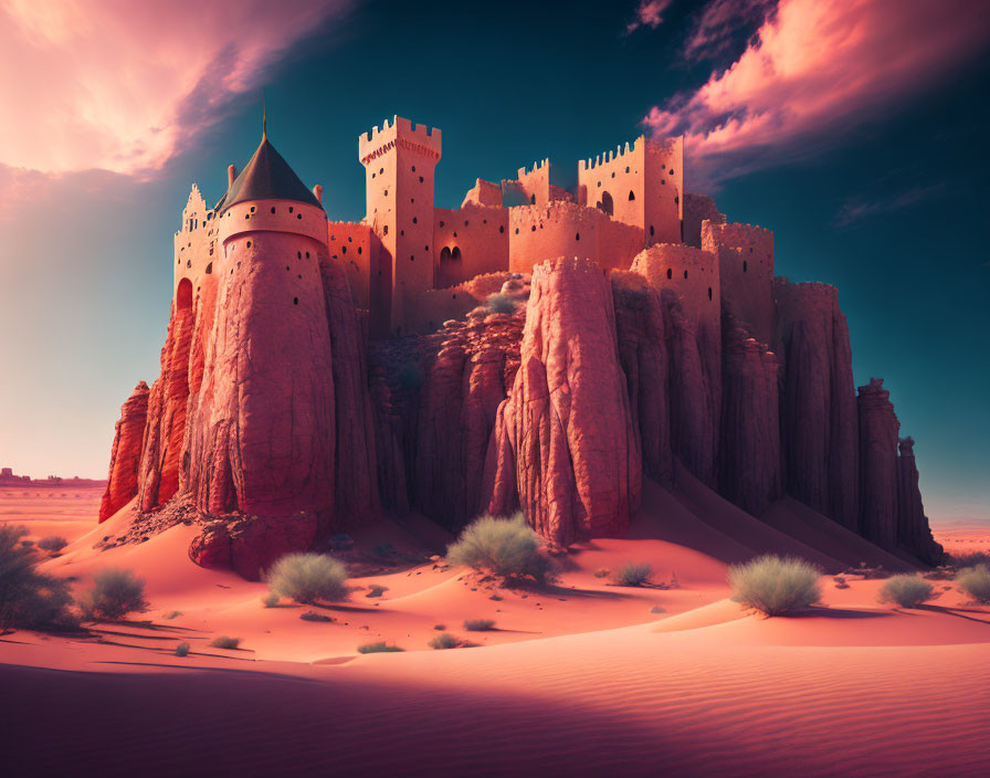 Castle with multiple turrets on rugged cliff in desert landscape