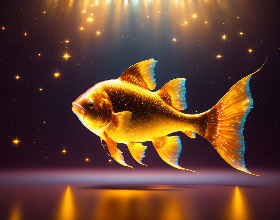 Shimmering golden fish in sparkly setting on dark background