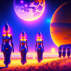 Neon-lit beach scene with robotic figures and oversized moons at dusk or dawn