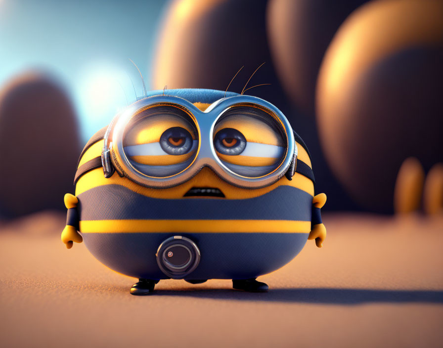 Round yellow and blue-striped minion with silver goggles in 3D digital illustration