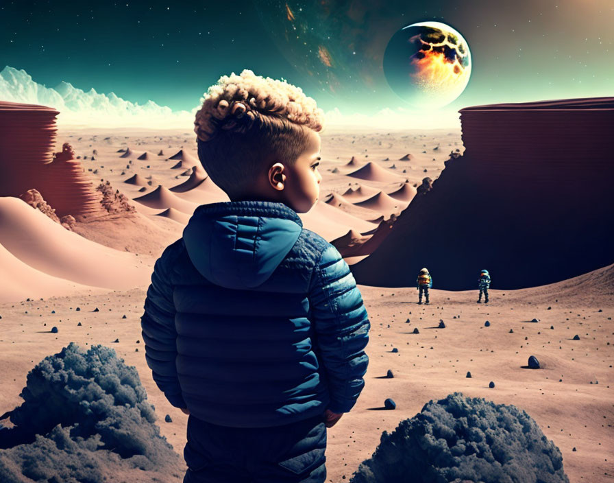 Child in puffy jacket views surreal landscape with astronauts and large planet