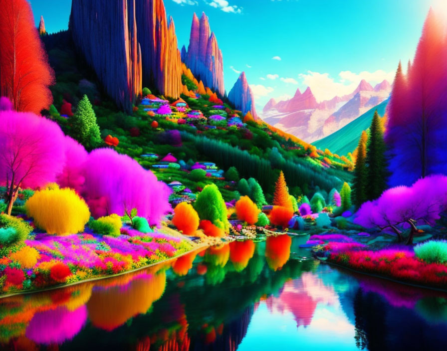 Colorful Landscape with Lake, Red Cliffs, and Blue Sky