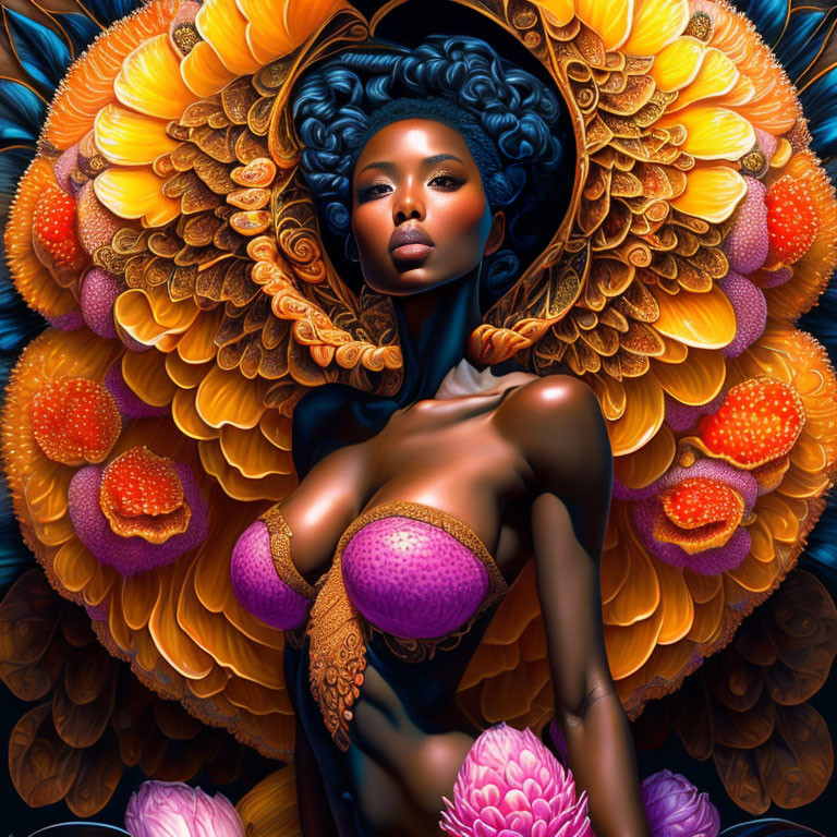 Dark-skinned woman with vibrant floral mane in rich warm colors