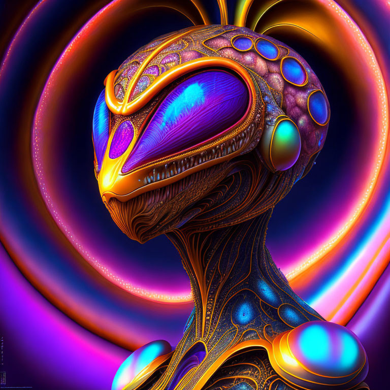 Colorful surreal alien with large eyes and ornate patterns on head and neck against swirling background