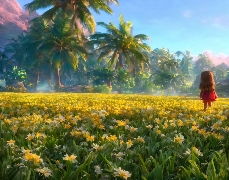 Child in Meadow Surrounded by Yellow Flowers and Tropical Forest at Sunrise