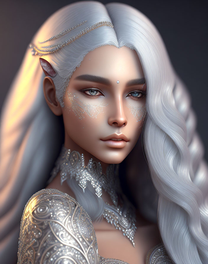 Fantasy character with silver hair, elfin ears, face markings, and ornate armor