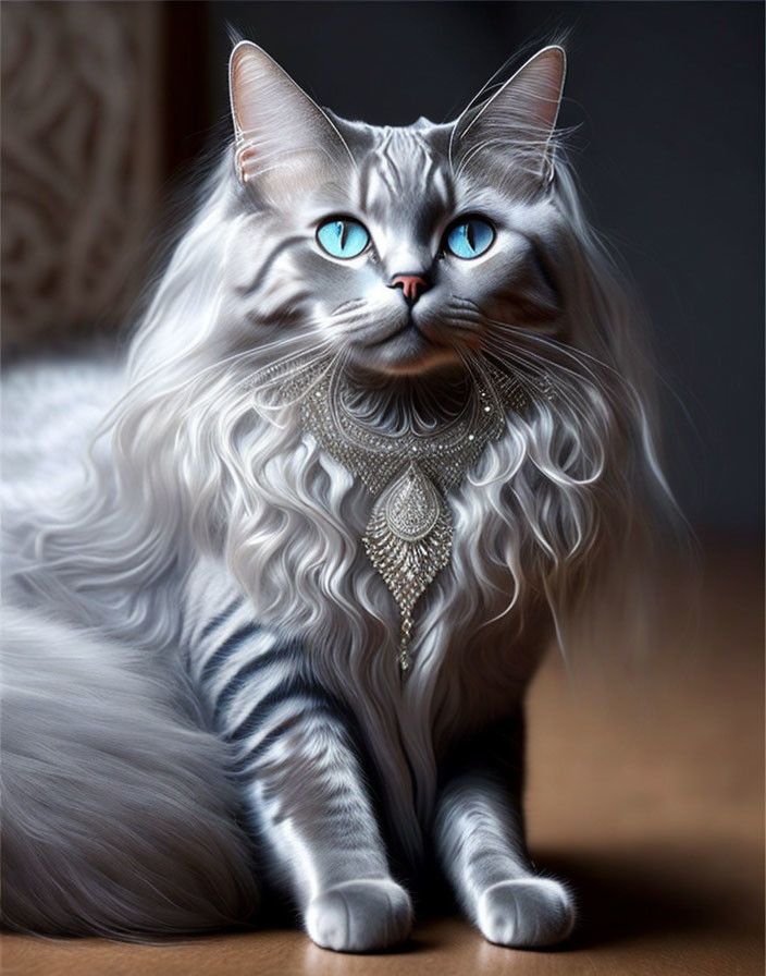 Long-Haired Cat with Blue Eyes and Ornate Necklace in Grey Stripes