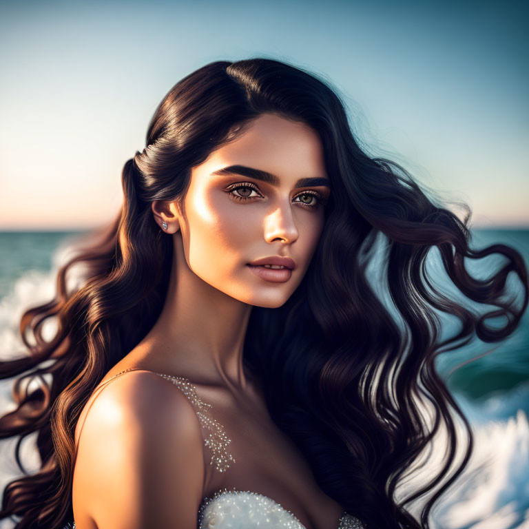 Woman with Long Wavy Hair and Striking Eyes by the Sea at Dusk