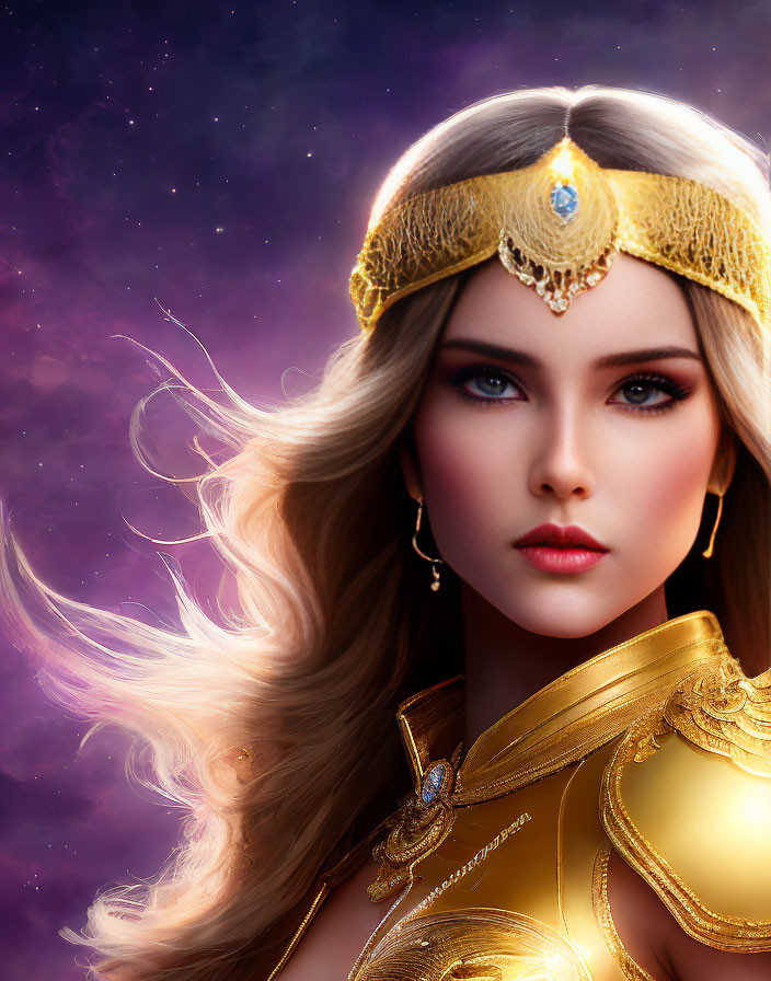 Portrait of a woman with golden hair and blue eyes against cosmic background