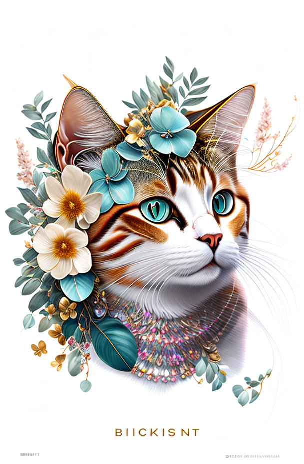 Vibrant cat illustration with green eyes and floral bouquet