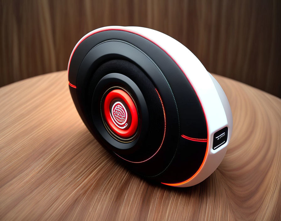 Red and white accented wireless speaker with ambient lighting and visible USB port on wooden surface