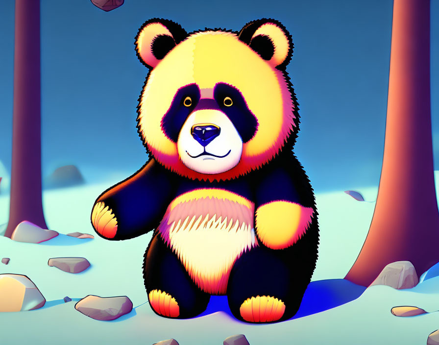 Vibrant striped panda in natural setting with rocks and trees.