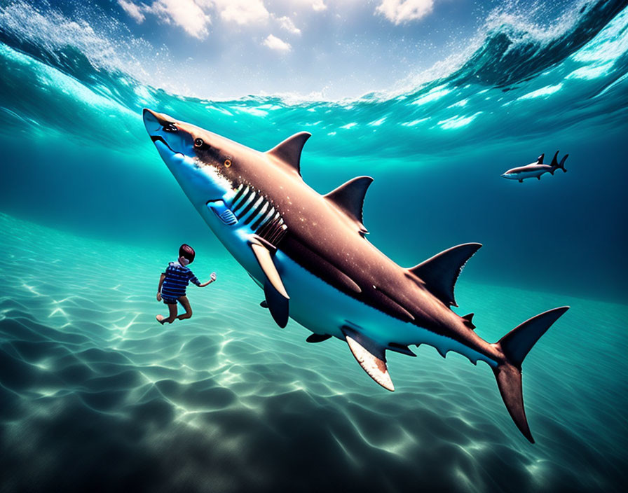 Child underwater with realistic shark model in clear blue ocean