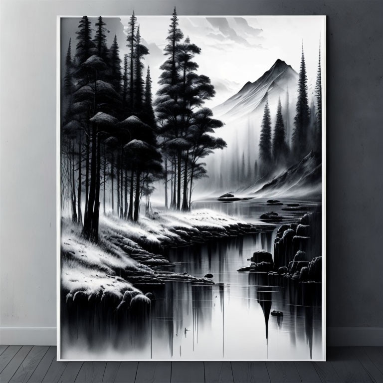 Monochrome landscape painting of pine trees, mountains, mist, and river reflections in modern room