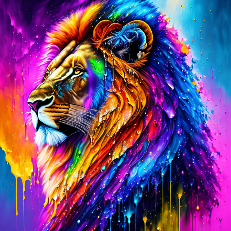 Colorful lion digital art with abstract mane on dark backdrop